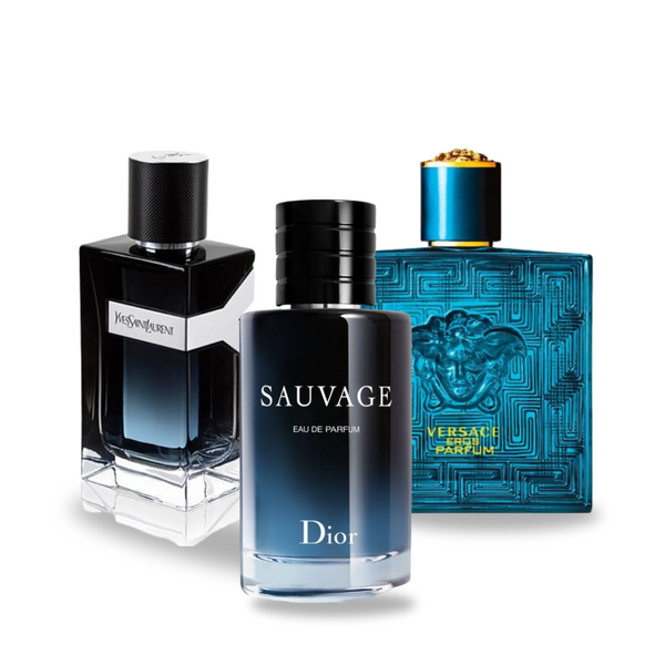 Promocijski paket 3 parfumov Dior SAUVAGE, Yves Saint Laurent Y MEN in Versace EROS 100 ml